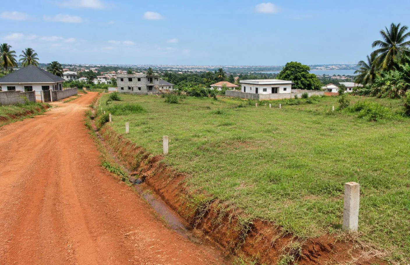 Illustration de l’accès, du relief et des limites visibles d’une parcelle en périphérie d’Abidjan