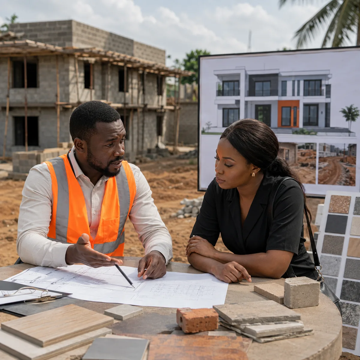 Professionnel expliquant les éléments qui influencent le coût de construction d'une maison à Abidjan