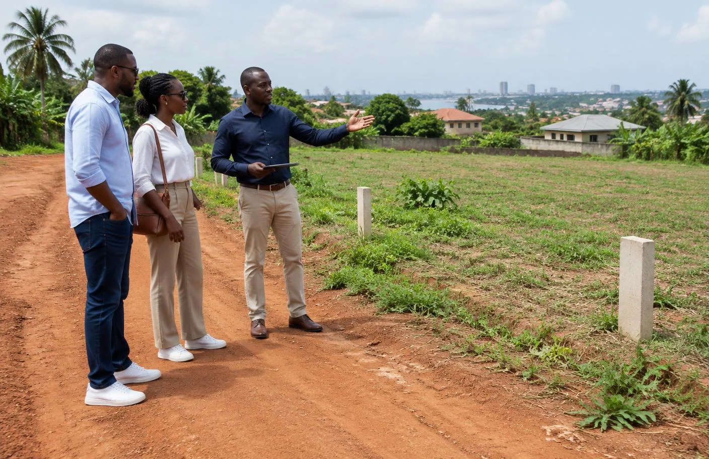Illustration d’une visite de terrain avec un conseiller et des acheteurs à Abidjan