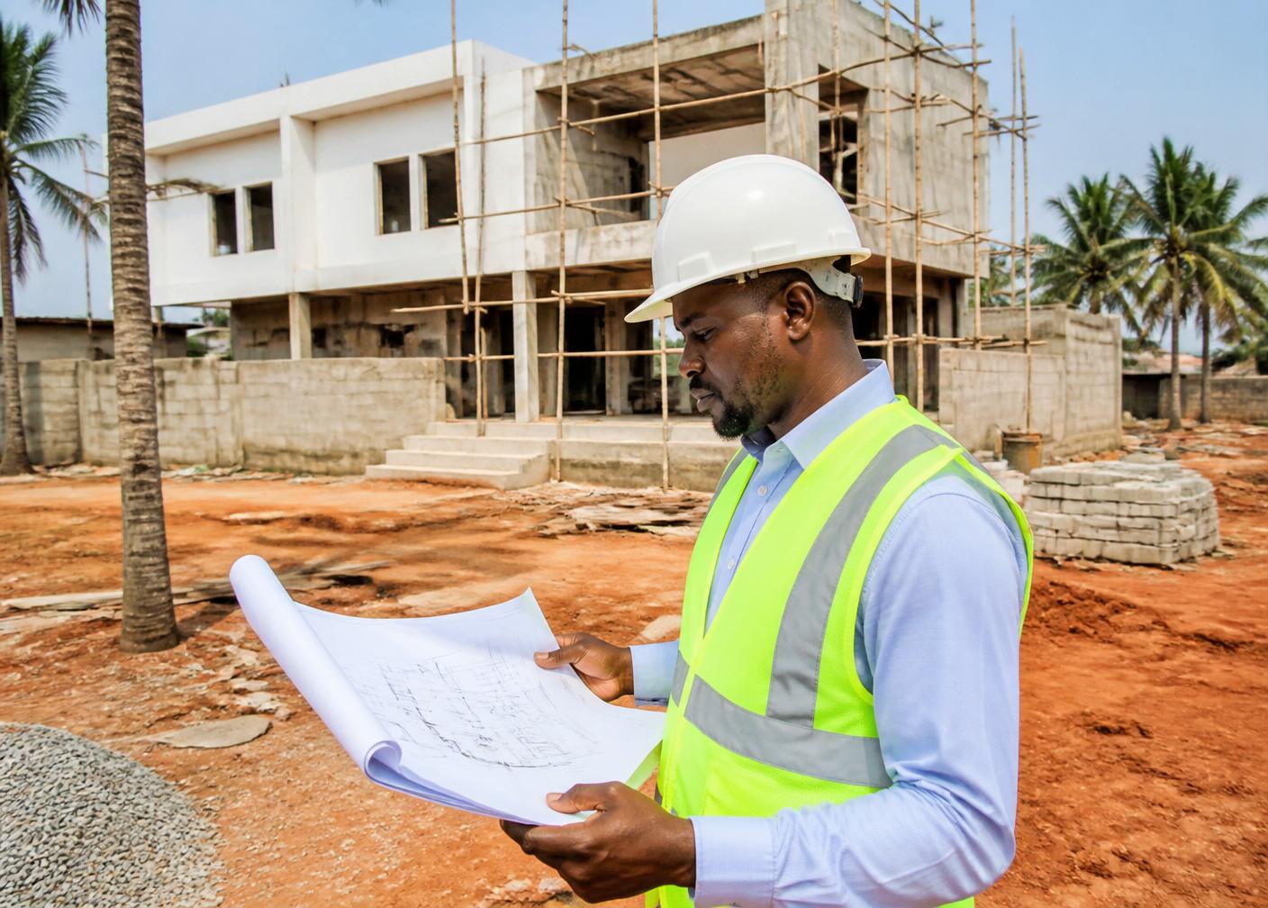 Professionnel de la construction consultant des plans sur un chantier.